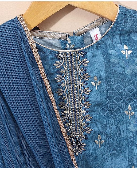 Babyhug Three Fourth Sleeves Embroidered Kurti & Palazo with Dupatta - Blue
