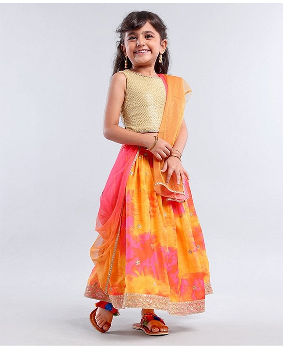 Babyhug Sleeveless Choli Lehenga And Dupatta With Embroidery - Yellow Pink