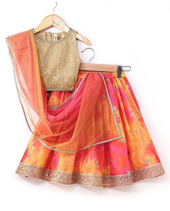Babyhug Sleeveless Choli Lehenga And Dupatta With Embroidery - Yellow Pink
