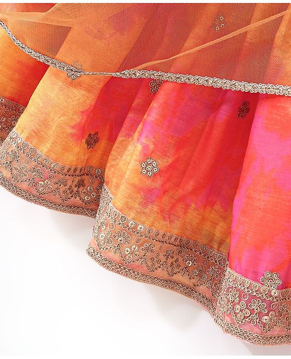 Babyhug Sleeveless Choli Lehenga And Dupatta With Embroidery - Yellow Pink