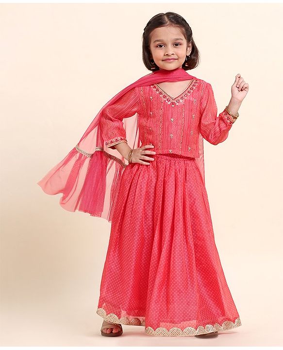 Babyhug Three Forth Sleeves Embroidered Choli Lehenga And Dupatta - Red