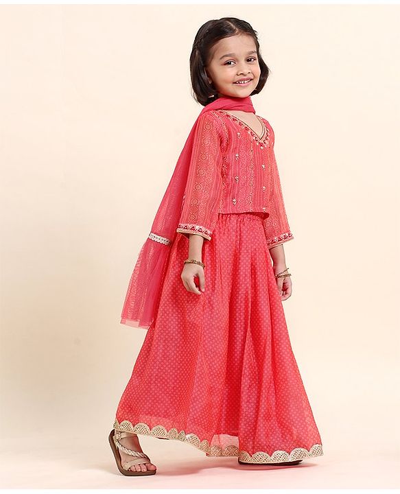 Babyhug Three Forth Sleeves Embroidered Choli Lehenga And Dupatta - Red
