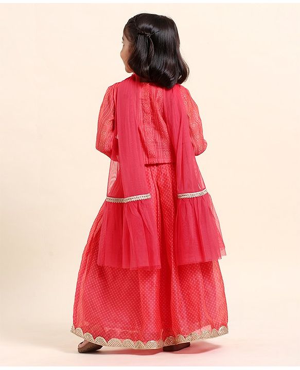 Babyhug Three Forth Sleeves Embroidered Choli Lehenga And Dupatta - Red