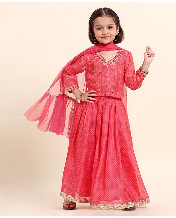 Babyhug Three Forth Sleeves Embroidered Choli Lehenga And Dupatta - Red