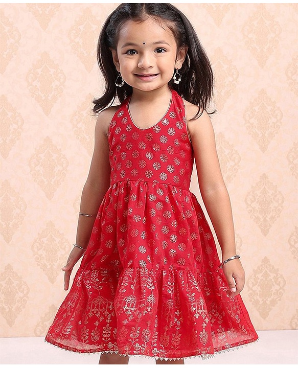 Babyhug Sleeveless Printed Backless Ethnic Dress - Red