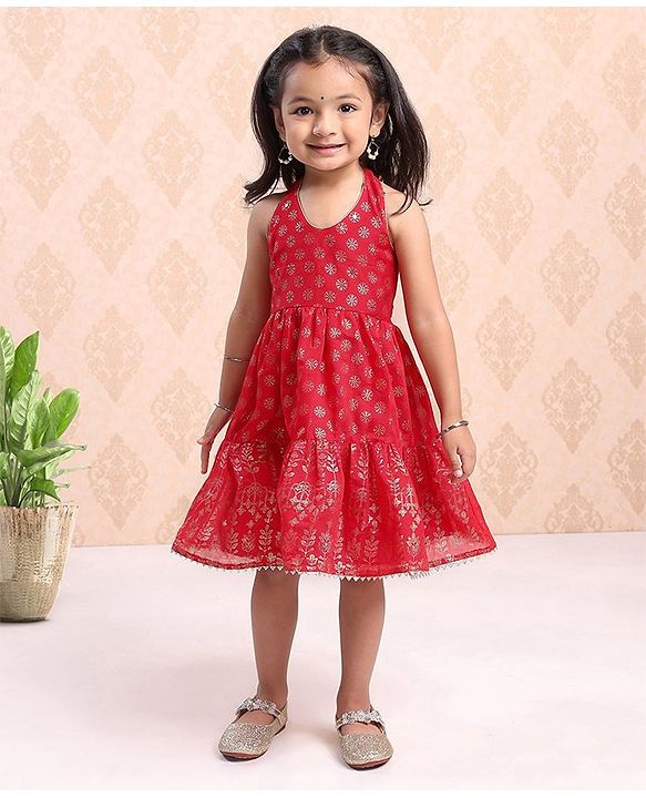 Babyhug Sleeveless Printed Backless Ethnic Dress - Red