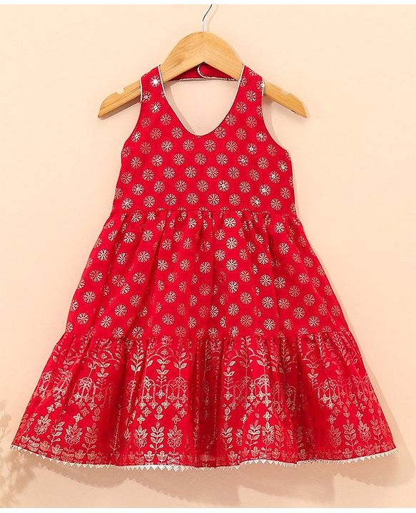 Babyhug Sleeveless Printed Backless Ethnic Dress - Red