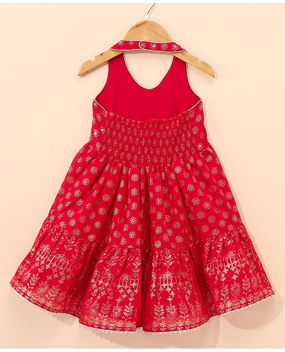 Babyhug Sleeveless Printed Backless Ethnic Dress - Red