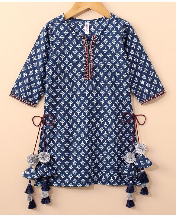 Babyhug Three Fourth Sleeves Kurti & Sharara With Dupatta Printed- Indigo