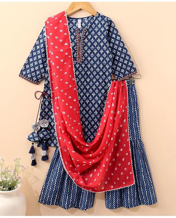 Babyhug Three Fourth Sleeves Kurti & Sharara With Dupatta Printed- Indigo