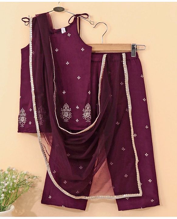 Babyhug Singlet Sleeves Zari Kurti and Sharara Set with Lace and Dupatta Embroided - Purple