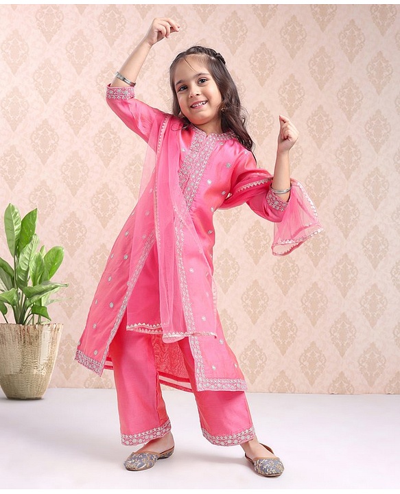 Babyhug Three Fourth Sleeves Embroidered Kurti & Palazzo Set With Dupatta- Fuchsia