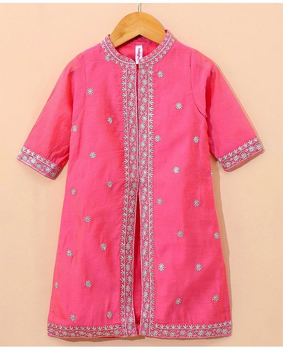 Babyhug Three Fourth Sleeves Embroidered Kurti & Palazzo Set With Dupatta- Fuchsia