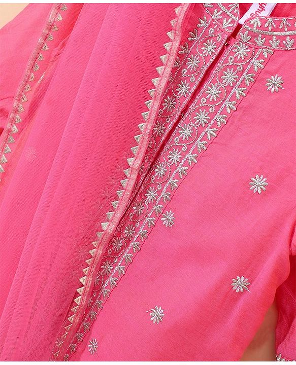 Babyhug Three Fourth Sleeves Embroidered Kurti & Palazzo Set With Dupatta- Fuchsia