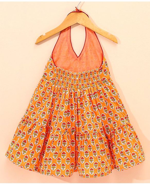 Babyhug Sleeveless Cotton Ethnic Dress Floral Print - Orange