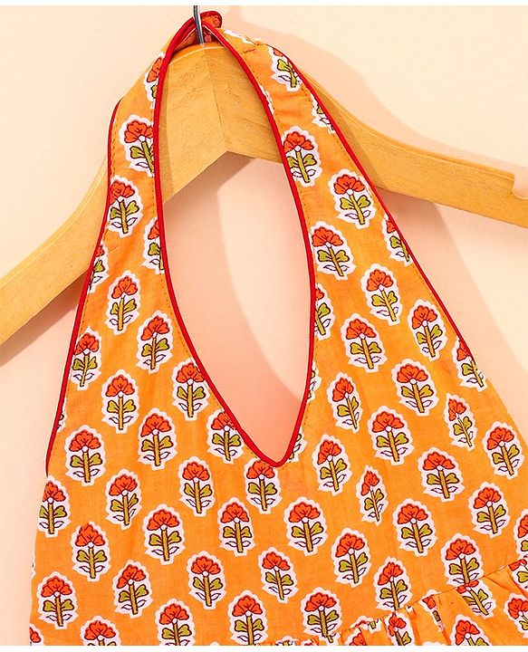 Babyhug Sleeveless Cotton Ethnic Dress Floral Print - Orange