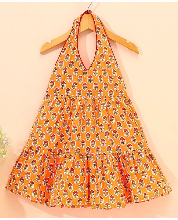 Babyhug Sleeveless Cotton Ethnic Dress Floral Print - Orange