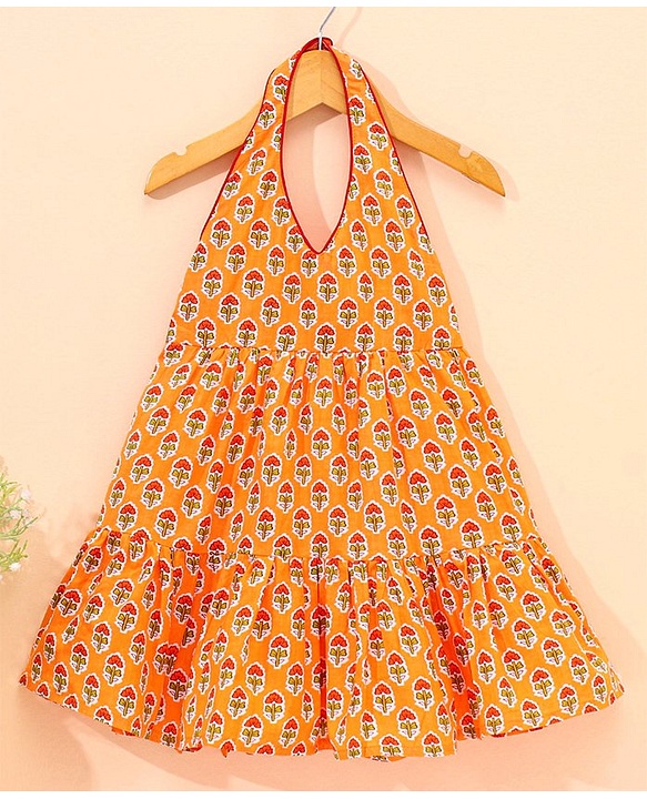 Babyhug Sleeveless Cotton Ethnic Dress Floral Print - Orange