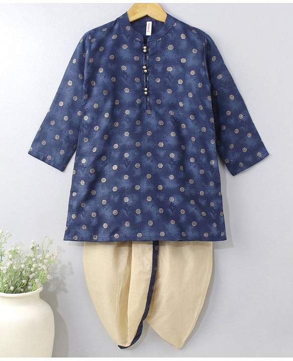 Babyhug Full Sleeves Kurta Dhoti Set All Over Foil Print - Navy Blue Beige