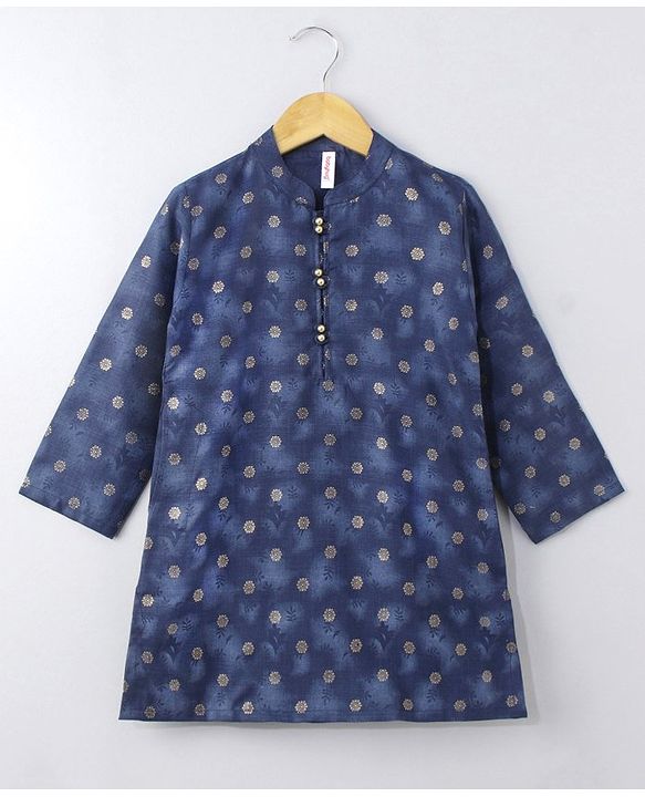 Babyhug Full Sleeves Kurta Dhoti Set All Over Foil Print - Navy Blue Beige