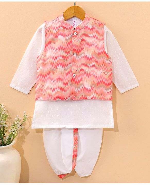 Babyhug Full Sleeves Cotton Kurta & Dhoti Set With Printed Waistcoat- White