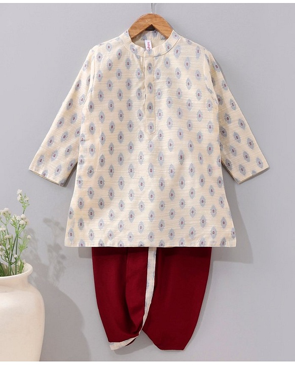 Babyhug Full Sleeves Brocade Kurta & Dhoti Set  All Over Printed - White Red