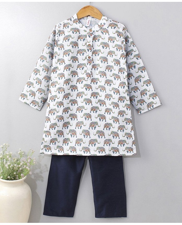 Babyhug Cotton Woven Full Sleeves Kurta & Pajama Set Ethnic Print - Off White