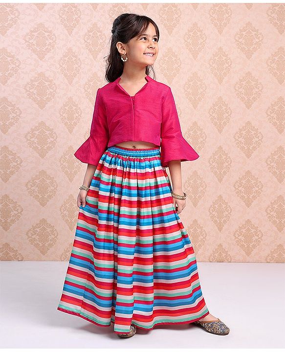 Babyhug Three Fourth Sleeves Woven Solid Ethnic Top & Striped Skirt Set - Multicolor