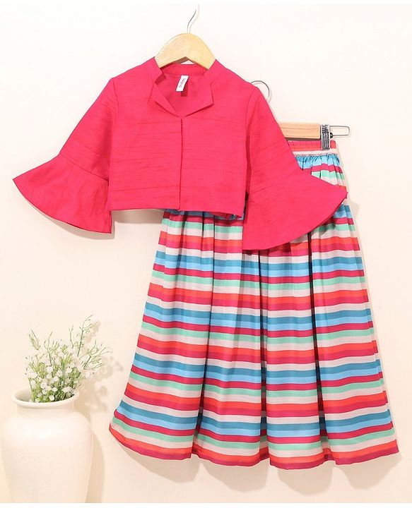 Babyhug Three Fourth Sleeves Woven Solid Ethnic Top & Striped Skirt Set - Multicolor