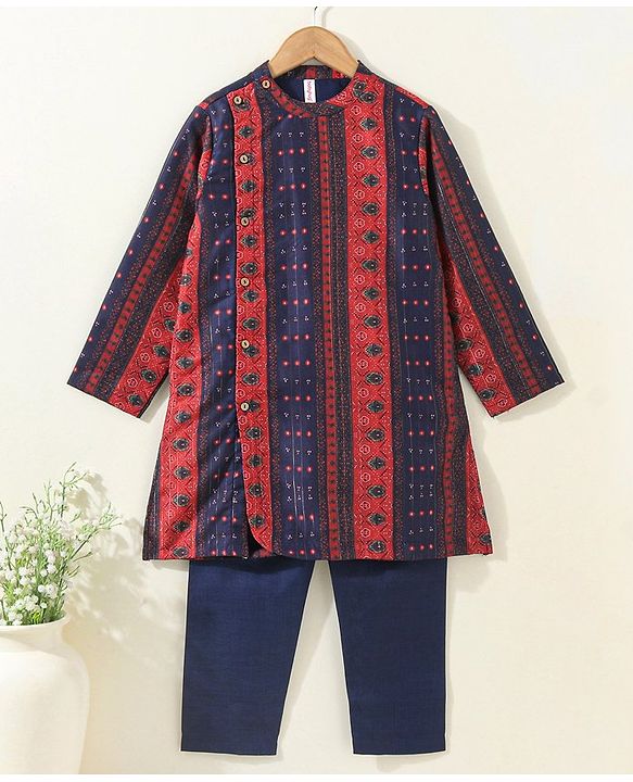 Babyhug Cotton Woven Full Sleeves Kurta & Pyjama Set Printed - Navy Blue