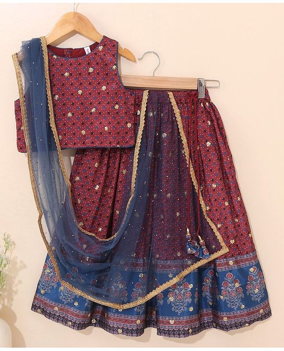 Babyhug Sleeveless Choli Lehenga And Dupatta Printed - Maroon