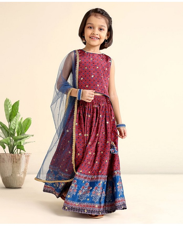Babyhug Sleeveless Choli Lehenga And Dupatta Printed - Maroon
