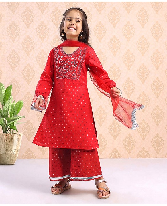 Babyhug Three Fourth Sleeves Embroidered Kurti & Palazzo Set With Dupatta- Red