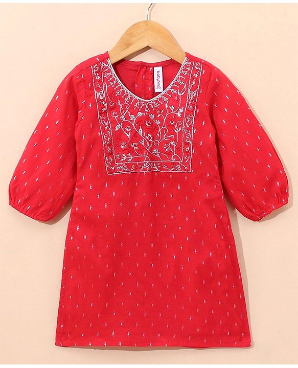 Babyhug Three Fourth Sleeves Embroidered Kurti & Palazzo Set With Dupatta- Red