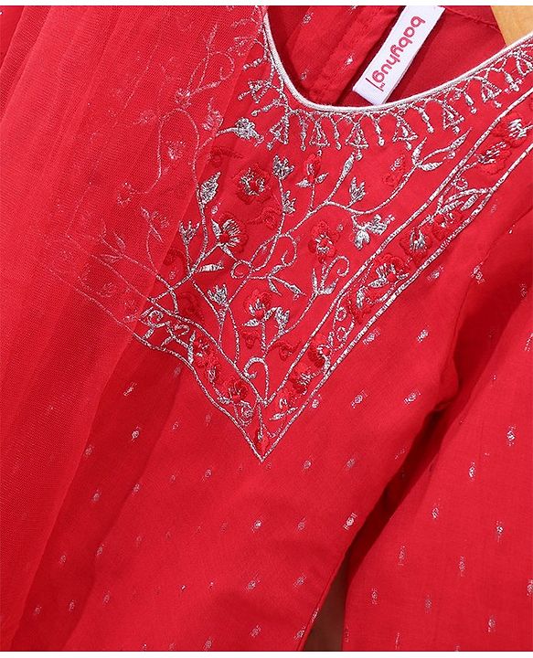 Babyhug Three Fourth Sleeves Embroidered Kurti & Palazzo Set With Dupatta- Red