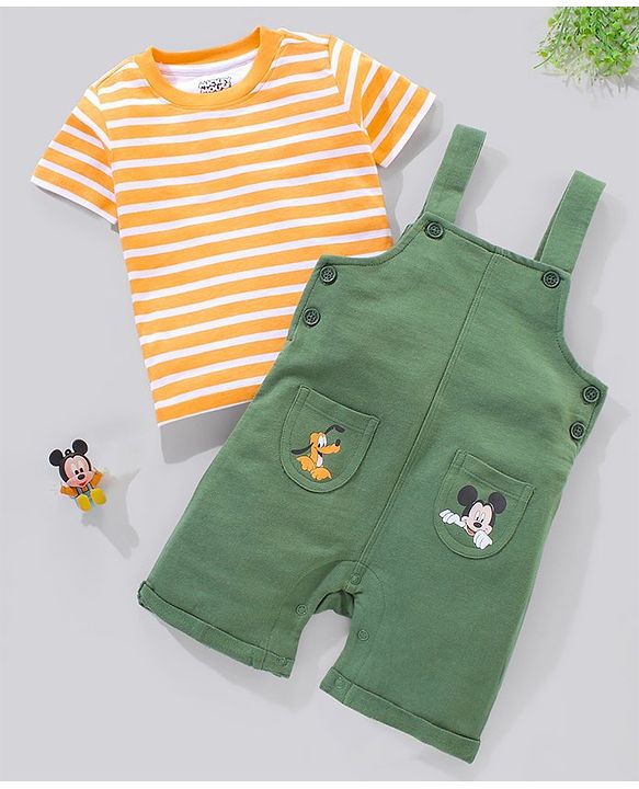 Babyhug 100% Cotton Dungaree and Half Sleeves Striped T-Shirt Set Mickey Mouse Print - Yellow Green