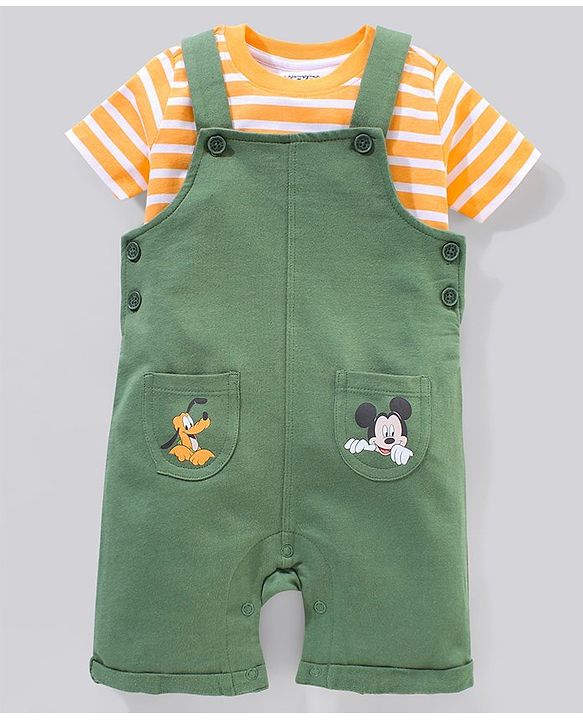 Babyhug 100% Cotton Dungaree and Half Sleeves Striped T-Shirt Set Mickey Mouse Print - Yellow Green