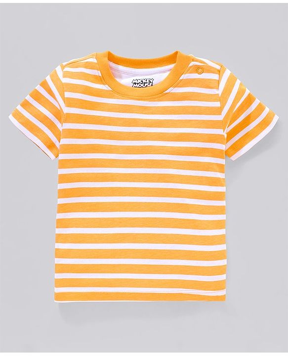 Babyhug 100% Cotton Dungaree and Half Sleeves Striped T-Shirt Set Mickey Mouse Print - Yellow Green