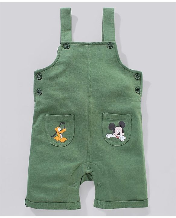 Babyhug 100% Cotton Dungaree and Half Sleeves Striped T-Shirt Set Mickey Mouse Print - Yellow Green