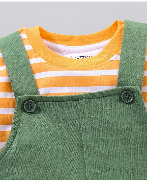 Babyhug 100% Cotton Dungaree and Half Sleeves Striped T-Shirt Set Mickey Mouse Print - Yellow Green