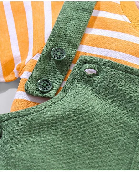 Babyhug 100% Cotton Dungaree and Half Sleeves Striped T-Shirt Set Mickey Mouse Print - Yellow Green