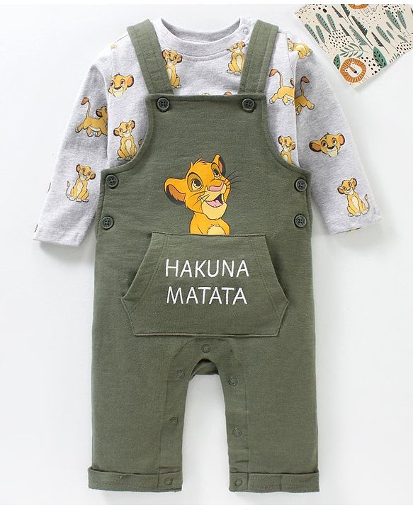 Babyhug Cotton Dungaree With Full Sleeves Inner T-Shirt Set Simba Print - Grey Green
