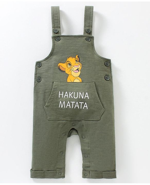 Babyhug Cotton Dungaree With Full Sleeves Inner T-Shirt Set Simba Print - Grey Green