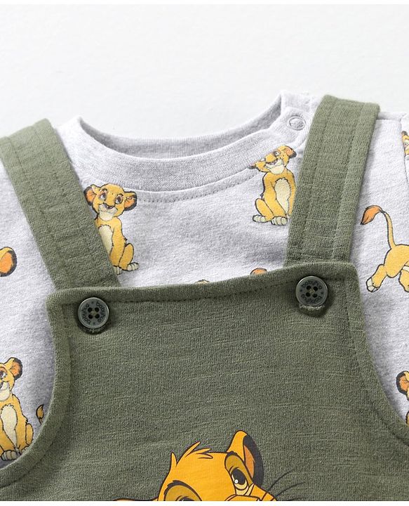 Babyhug Cotton Dungaree With Full Sleeves Inner T-Shirt Set Simba Print - Grey Green