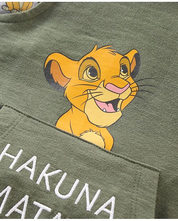 Babyhug Cotton Dungaree With Full Sleeves Inner T-Shirt Set Simba Print - Grey Green
