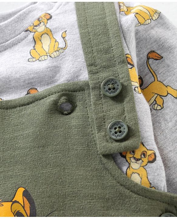 Babyhug Cotton Dungaree With Full Sleeves Inner T-Shirt Set Simba Print - Grey Green