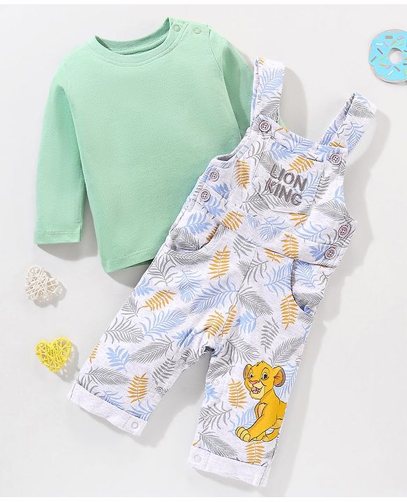 Babyhug Full Sleeves T-Shirt & Dungaree Lion King Embroidery - Green & White