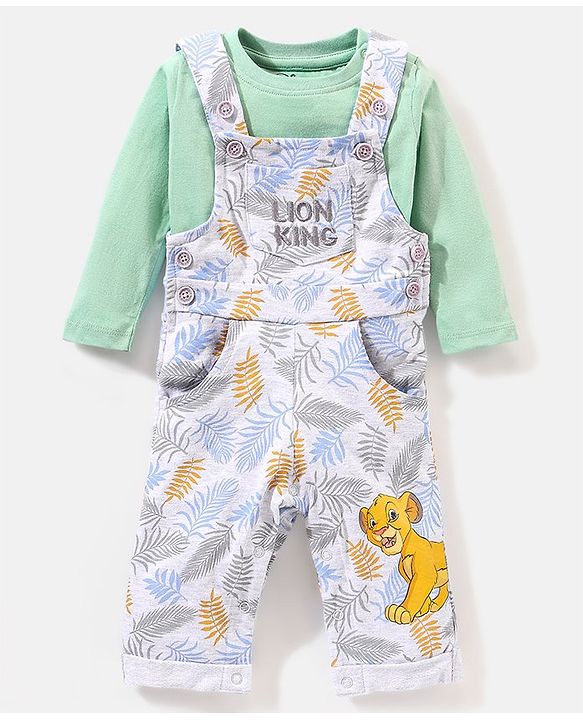 Babyhug Full Sleeves T-Shirt & Dungaree Lion King Embroidery - Green & White