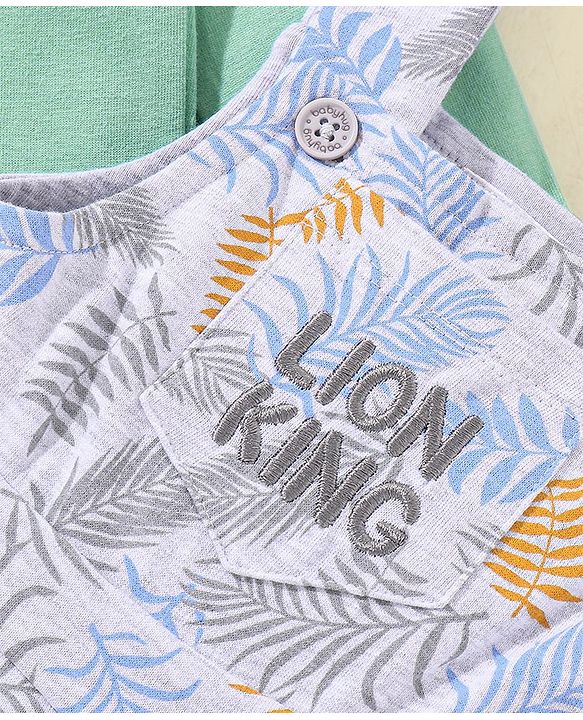 Babyhug Full Sleeves T-Shirt & Dungaree Lion King Embroidery - Green & White