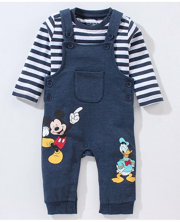 Babyhug Cotton Full Sleeves Striped Tee & Dungaree Set Mickey & Friends Print- Blue
